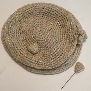 Vintage Tan Knit Beret Hat WITH 2 Matching Hat Pins Sliver Threads